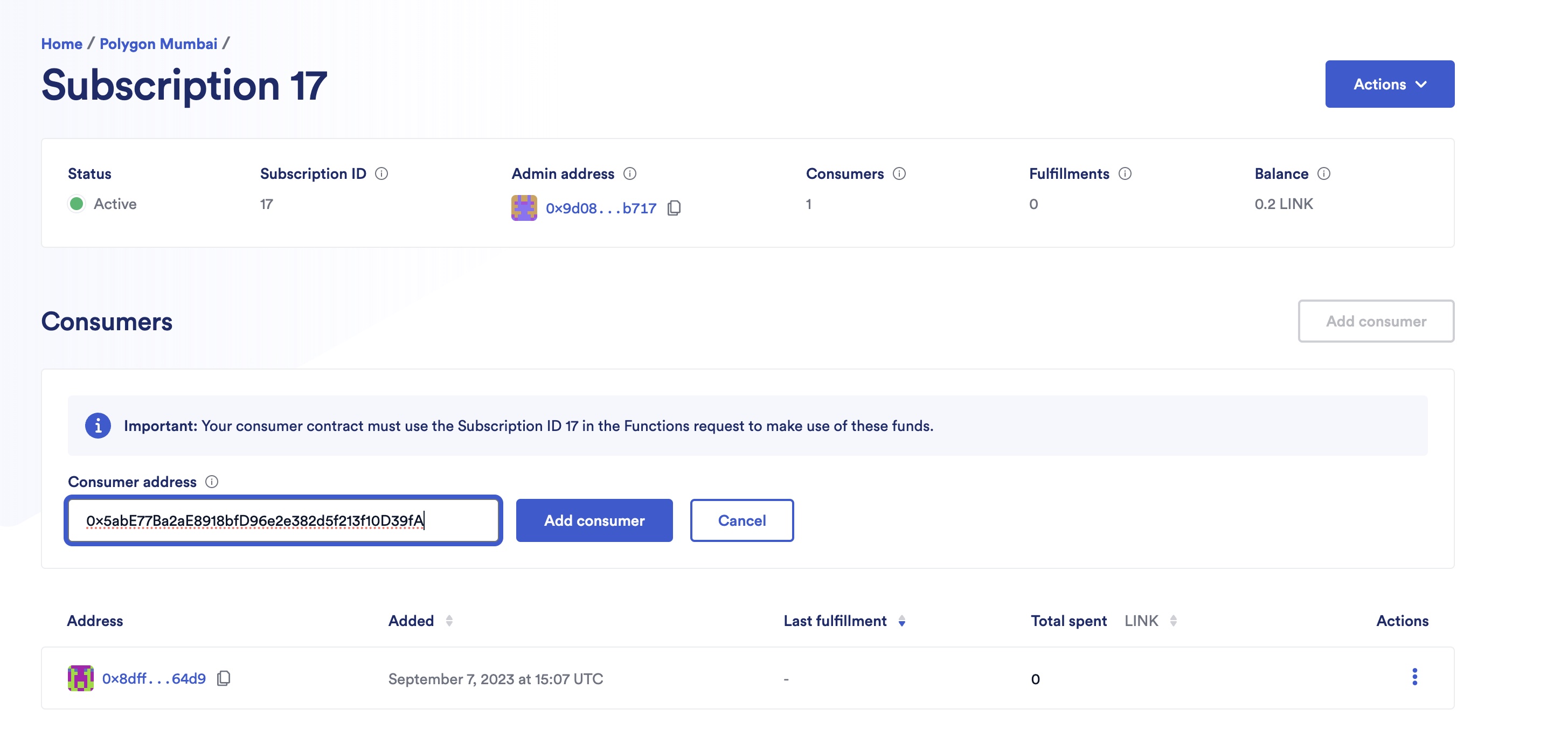 Chainlink Functions provider consumer address